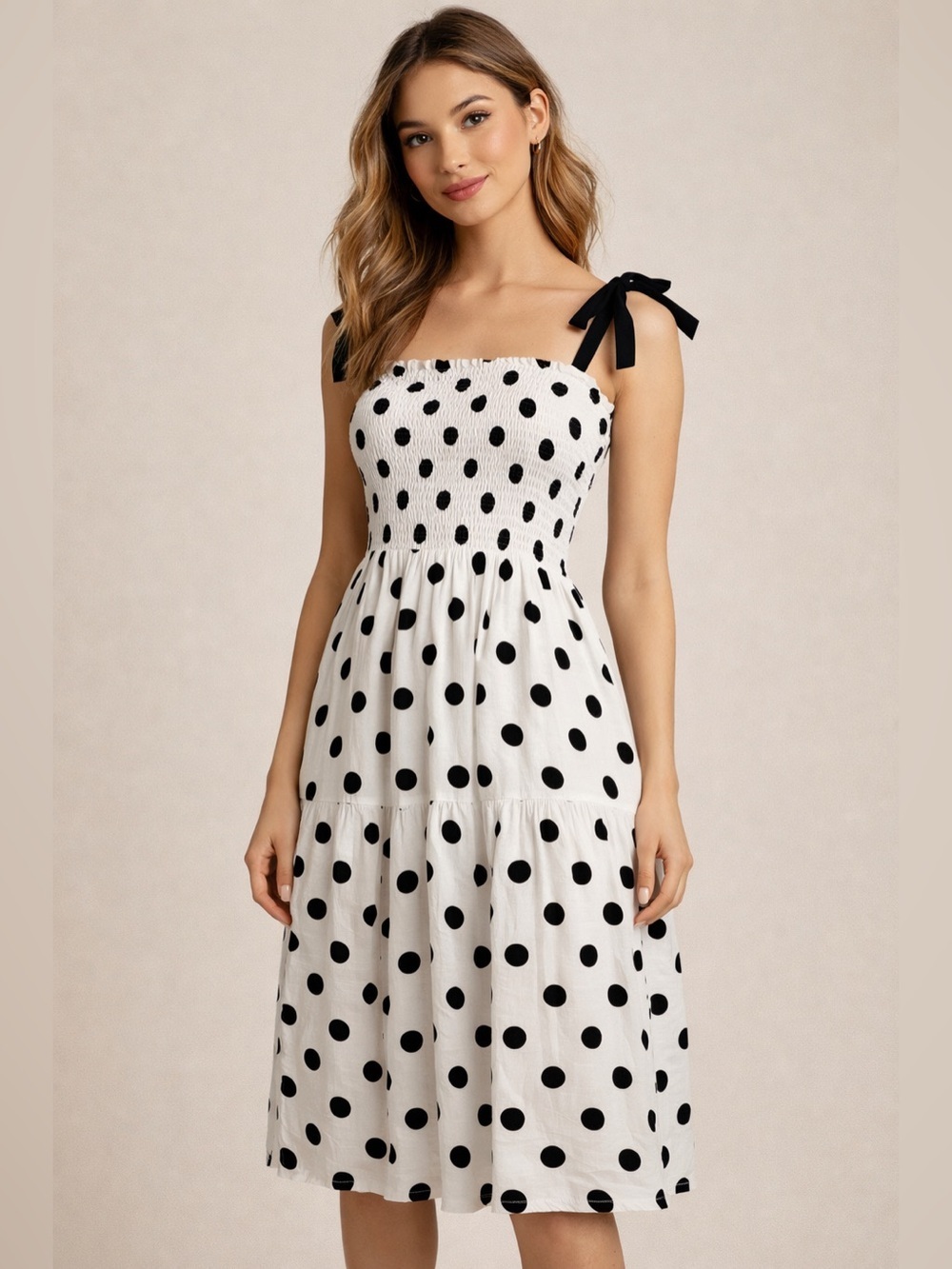 Monteau Los Angeles Polka Dot Smocked Dress White Black Size XS